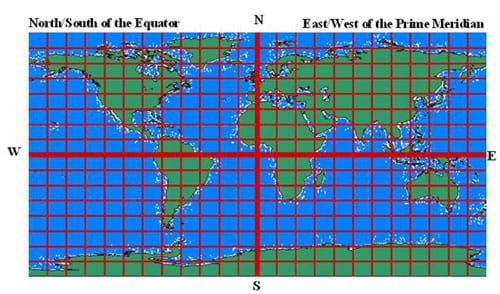 A rectangular map of the world illustrates longitude and latitude lines 