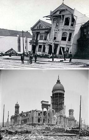 Two old black and white photographs: Two neighboring three-story urban houses are leaning back from the street. Rubble surrounds a destroyed stone building with a damaged domed tower.