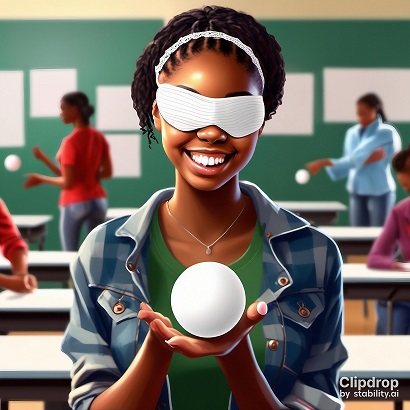 A Black female student in a classroom, wearing a blindfold, facing the camera and holding a white ball in her hands. Other students in the background are throwing white balls.