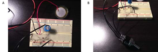 Two photos: The same breadboard as in Figure 5, now with a three-wire toggle switch connected to it. Another view of the same setup shows the toggle switch connected to the breadboard.